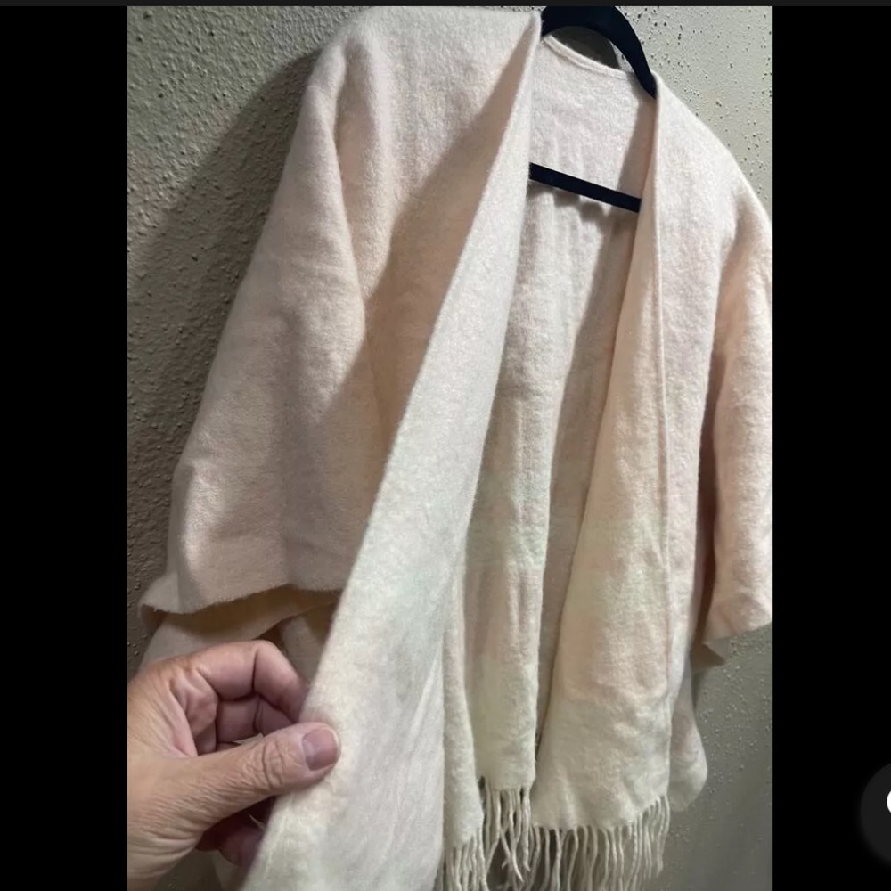 Girly Pink Cozy PONCHO with White Stripes and FRINGES Fits Plus Sizes 1X or 2X - Picture 2 of 7